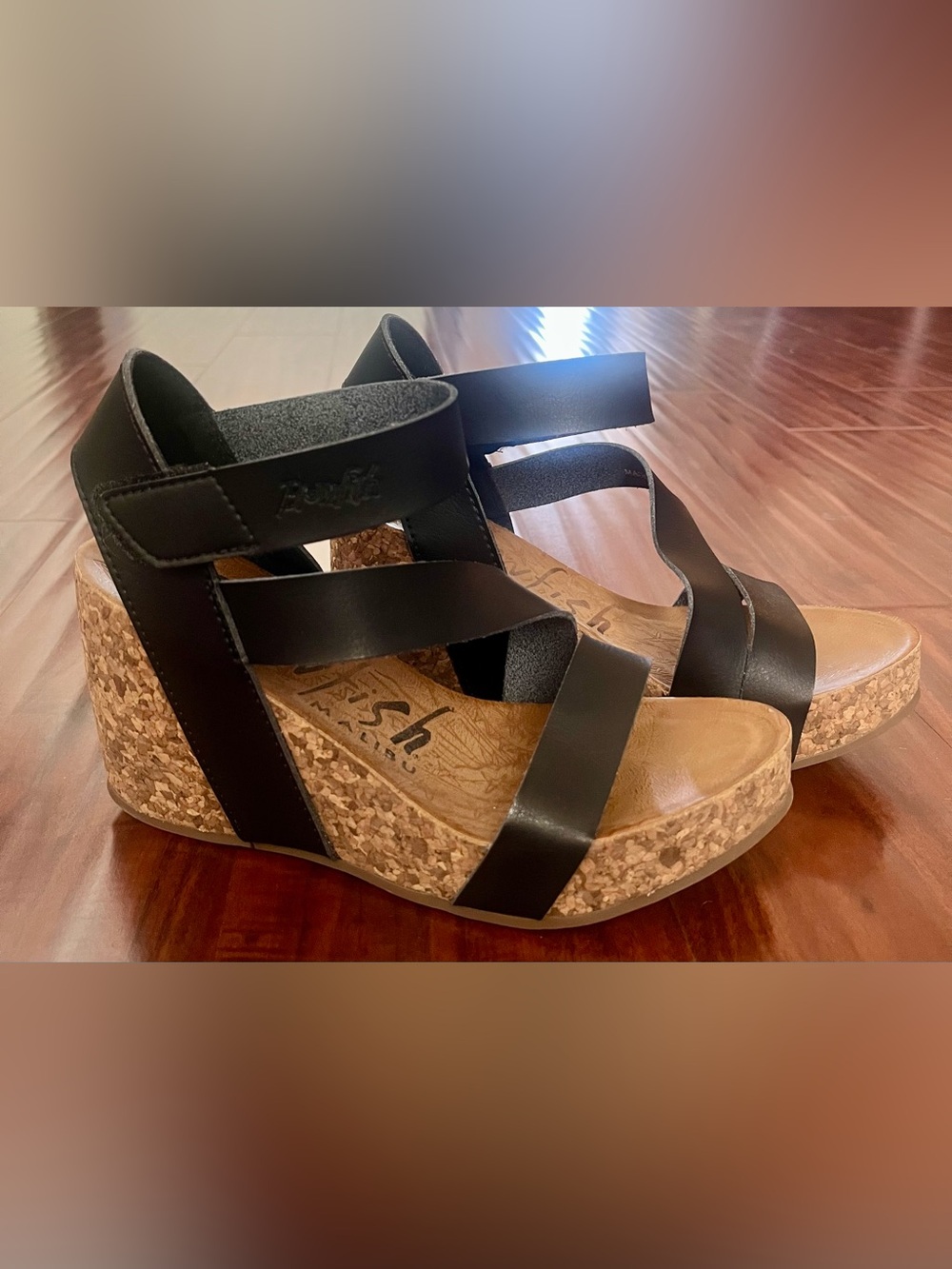 Blowfish Malibu Cork Wedge Sandals with Black Cross Straps - Picture 3 of 8